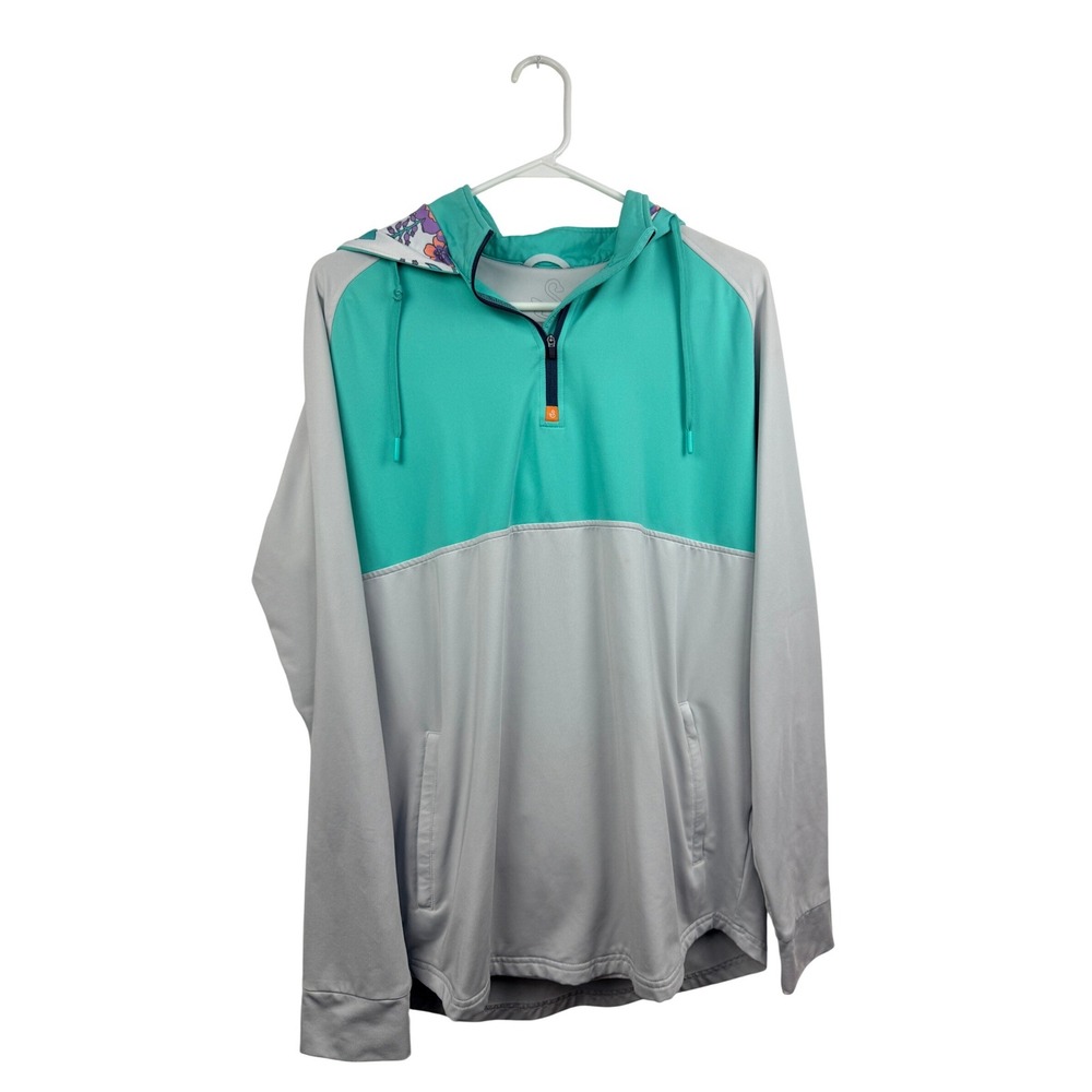 Swannies Womens Large Quarter Zip Hoodie Teal Grey Floral Lined Golf Pullover